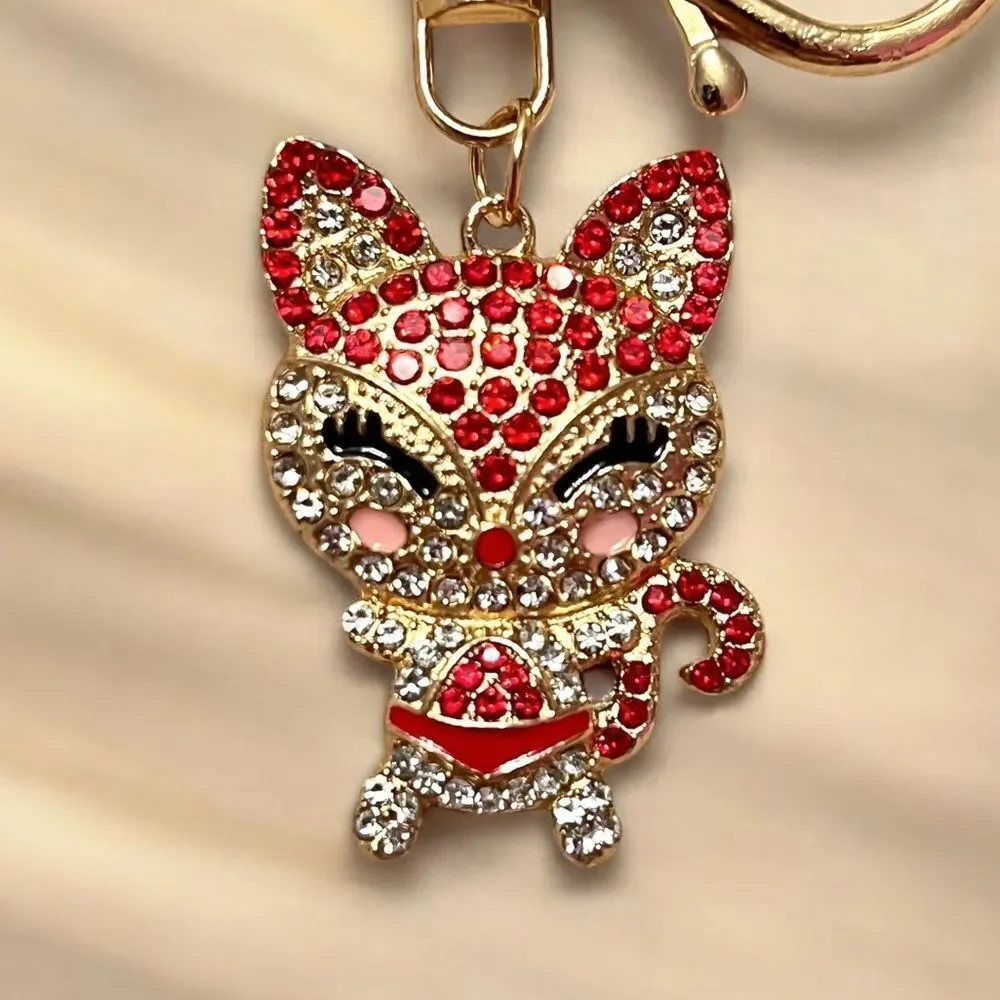 ⭐️3/$25⭐️ Red Rhinestone Cat Gold Tone Key Chain Bag Charm